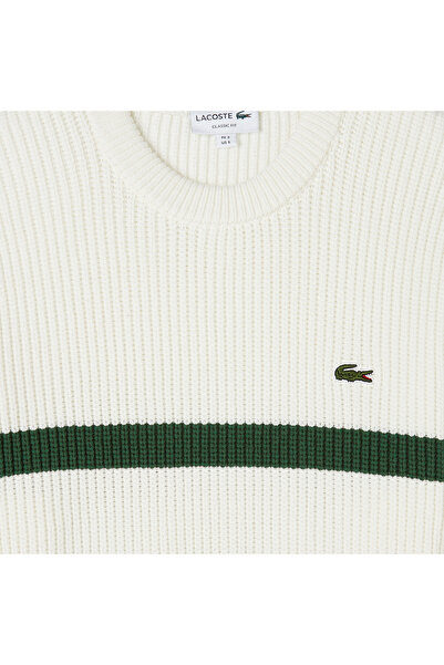 Lacoste Erkek Relaxed Fit Bisiklet Yaka Çizgili Beyaz Kazak