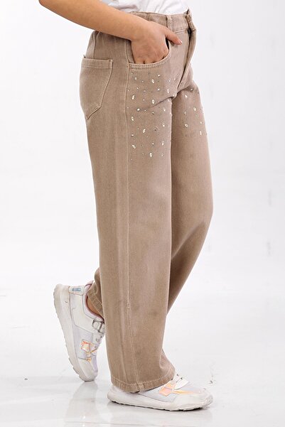 ModiClas % 100 Pamuk-Denim-Jeans-Taşlı-Palazzo-Yarım Lastikli-Kız Çocuk Pantolonu