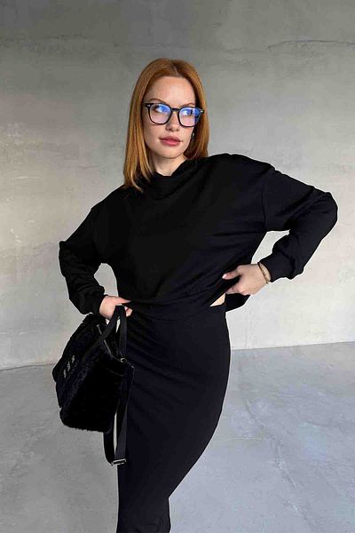Cappmoda Tkm-1108 Bluză din țesătură modal neagră Fusta creion Set dublu