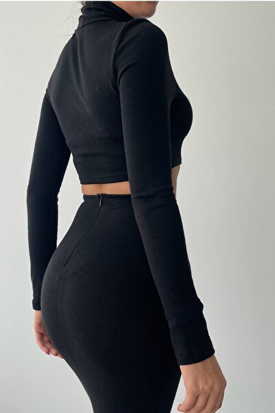 bayansepeti High-Top Black Knitwear Crop Blouse and Midi Skirt - Accessory Suit 336