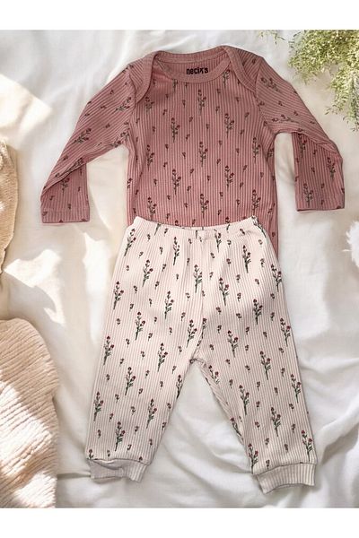 Necix's Flower Patterned 4 Piece Baby Girl Top and Bottom Set