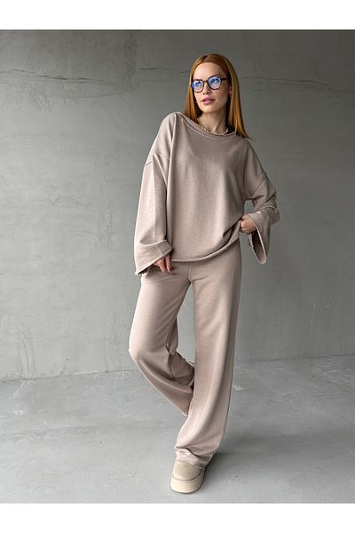 Cappmoda Tkm-1201 Stone Color Dirty Stitched Loose Model Blouse Palazzo Pants Two Thread Seasonal Double Suit