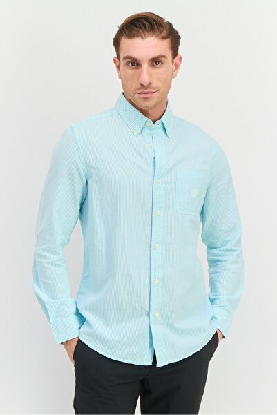 Chaps قميص رجالي مخطط بأكمام طويلة بمقاس مخصص، أزرق