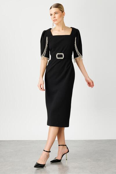 Moda İlgi Modailgi  Kolları Şerit Aksesuarlı Elbise Siyah