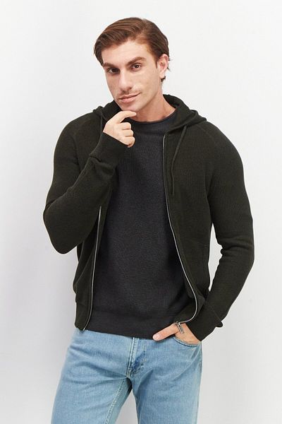CELIO كارديجان رجالي محبوك بأكمام طويلة مع غطاء رأس ورباط، أخضر غامق