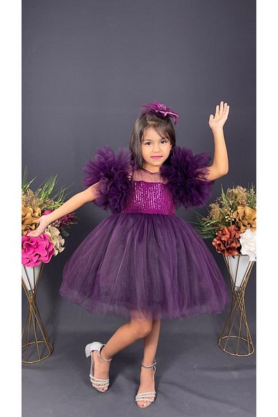 Buse&Eylül Bebe Βραδινό φόρεμα για κορίτσια με μωβ μανίκια με παγιέτες