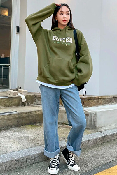 Benisengiydir Dámská zelená oversize mikina s kapucí s lepším potiskem