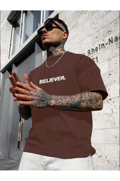 NO 601 Мъжка тениска с кафяв щампа Believer