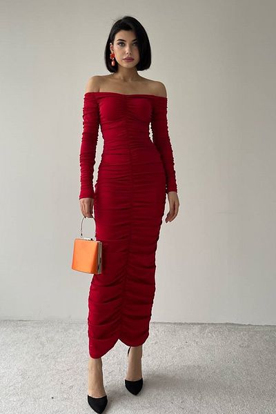 barış sülün lovebox Rochie midi roșie pentru femei, din țesătură elastică, fără bretele, cu decolteu, cu design 338