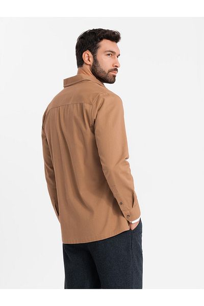 OMBRE Ανδρικό βαμβακερό πουκάμισο REGULAR FIT με τσέπες με κουμπιά - camel V2 OM-SHCS-0146 L