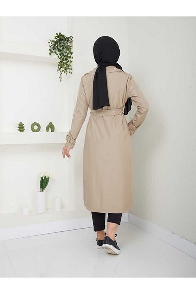 ELBİSHE Waist Tie Sleeve Detailed Hijab Trench Coat