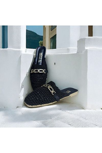 redtan Ψάθινες παντόφλες με κλειστή μπροστινή πλεκτή αλυσίδα με δαντέλα Λεπτομερείς κομψές καλοκαιρινές παντόφλες διακοπών στο σπίτι στην παραλία