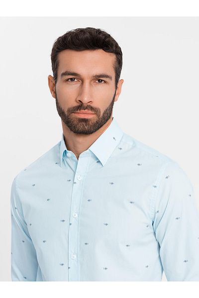 OMBRE Klassisches Herrenhemd aus Baumwolle SLIM FIT im Netzstoff - blau V4 OM-SHCS-0156 L
