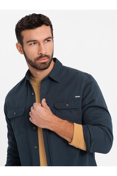 OMBRE Herrenhemd aus Baumwolle mit REGULAR FIT und geknöpften Taschen - marineblau V3 OM-SHCS-0146 L