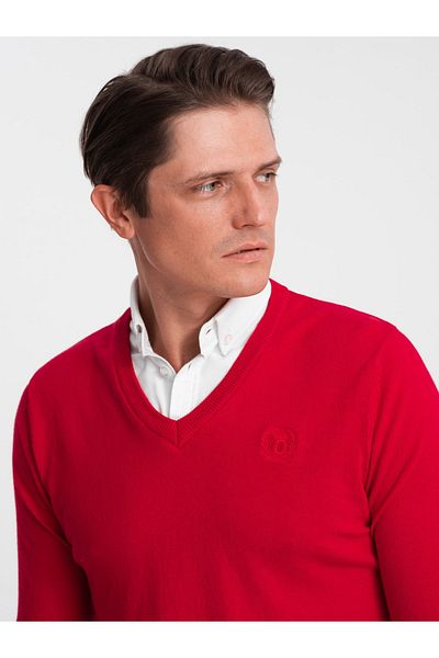 OMBRE Men's sweater with a "v-neck" neckline with a shirt collar - red V4 OM-SWSW-0102 M