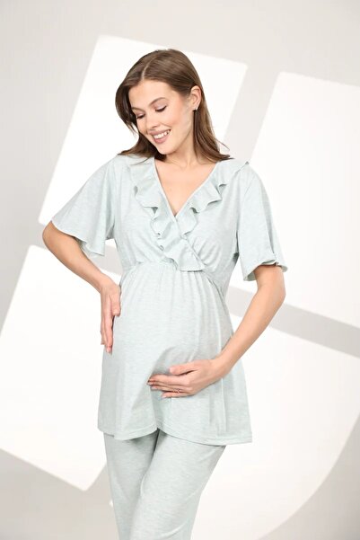 LOHOUSE Kadın Mavi Melanj Kruvaze Tasarım Pamuklu Lohusa Hamile Sabahlıklı 3'lü Pijama Takım Set