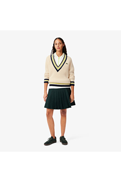 Lacoste Kadın Relaxed Fit V Yaka Yün Renk Bloklu Krem Kazak