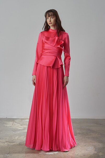 MERCI MS FANCY Saten Drapeli Eteği Piliseli Uzun Abiye Elbise