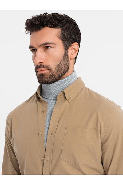 OMBRE Ανδρικό βαμβακερό πουκάμισο REGULAR FIT με τσέπη - ανοιχτό καφέ V2 OM-SHOS-0153 XXL