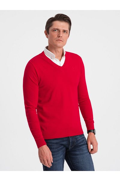 OMBRE Men's sweater with a "v-neck" neckline with a shirt collar - red V4 OM-SWSW-0102 M