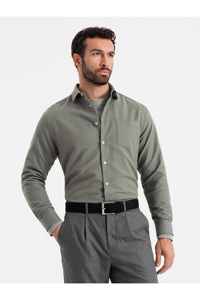 OMBRE Ανδρικό πουκάμισο REGULAR FIT με τσέπη - χακί V4 OM-SHCS-0148 M
