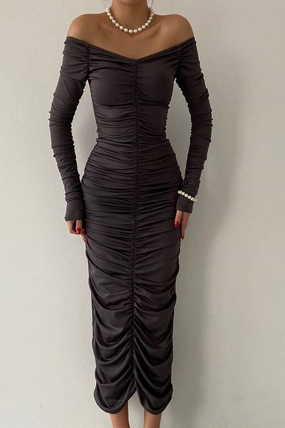 bayansepeti Rochie de seară midi, cu decolteu fără bretele, din țesătură flexibilă, afumată, nisip, 338