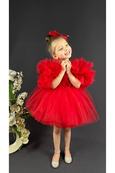 Buse&Eylül Bebe Red Pompom Sleeve Sequin Girl's Evening Dress