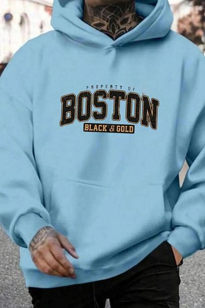 NO 601 Зимен пуловер с качулка за бебе момче в син цвят Boston с черно-златист принт
