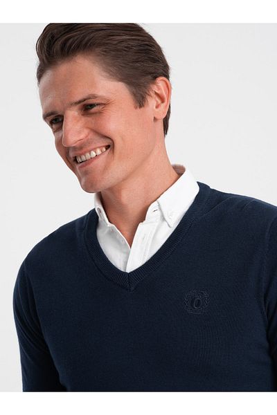 OMBRE Herrenpullover mit V-Ausschnitt und Hemdkragen - Marineblau V2 OM-SWSW-0102 XL