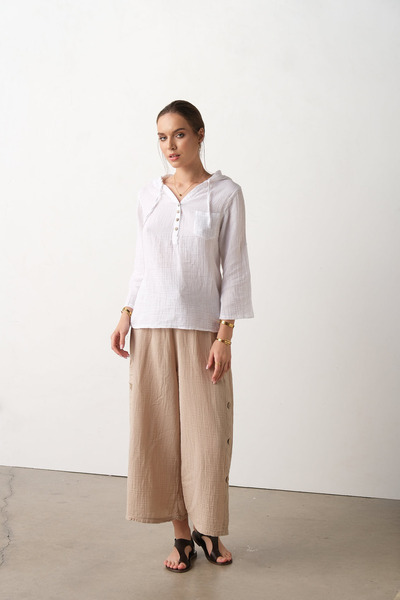 Sosyete Kaplumbağa Muslin Cotton Large Wooden Button Large Size Designer Pants