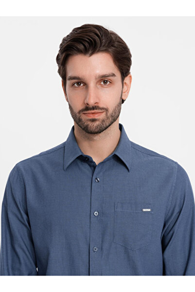 OMBRE Cămașă bărbătească din bumbac cu buzunar REGULAR FIT - albastru V3 OM-SHCS-0147 M
