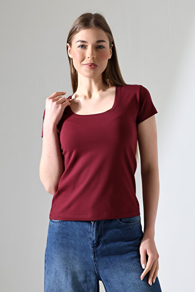 Endies تي شيرت أساسي مرن بياقة مربعة وأكمام قصيرة من القطن الممشط والليكرا المضغوط 21069 كلاريت ريد