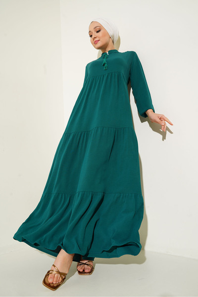 Bigdart 1627 Yaka Bağcıklı Tesettür Elbise - Zümrüt Yeşili