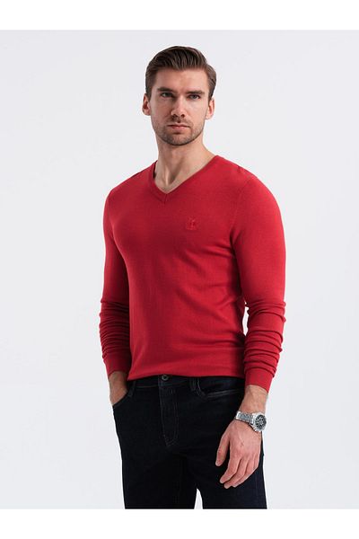 OMBRE Eleganter Herren V-Ausschnitt BASIC Pullover mit Viskose - rot V20 OM-SWBS-0107 S