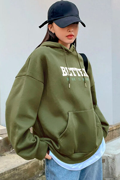 Benisengiydir Dámská zelená oversize mikina s kapucí s lepším potiskem