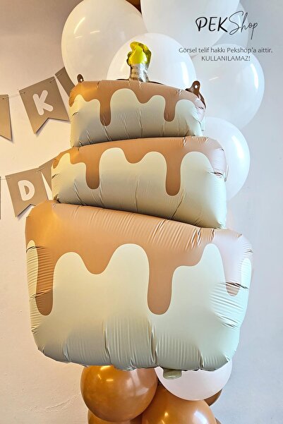 PEKSHOP Retro Krem Pasta Folyo Balon Retro Mumlu 3 Katlı Pasta Balon