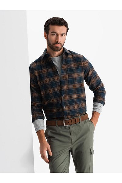OMBRE Kariertes Flanellhemd für Herren - Marineblau und Orange V7 OM-SHCS-0150 M