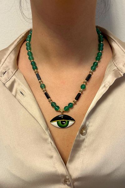 Suerte Accessories Jade Ceramic Evil Eye Eye Evil Eye End Natural Stone Necklace - Handmade Varicite Stone