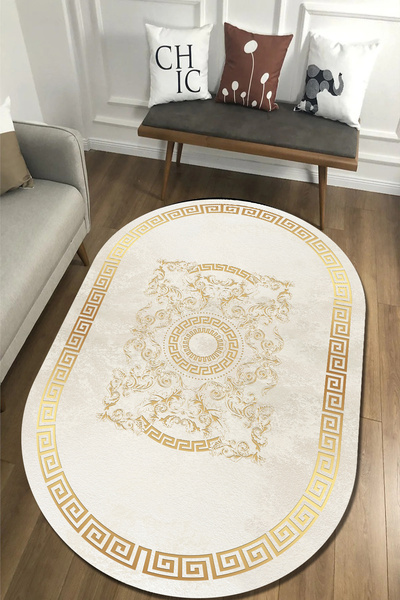 CAPPİO HALI Dijital Baskılı Makinada yıkanabilir Oval Salon Halısı Mutfak Hal...