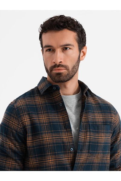 OMBRE Kariertes Flanellhemd für Herren - Marineblau und Orange V7 OM-SHCS-0150 M