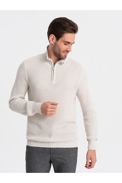 OMBRE Pánsky pletený sveter s roztiahnutým golierom - krémový V1 OM-SWZS-0105 XXL