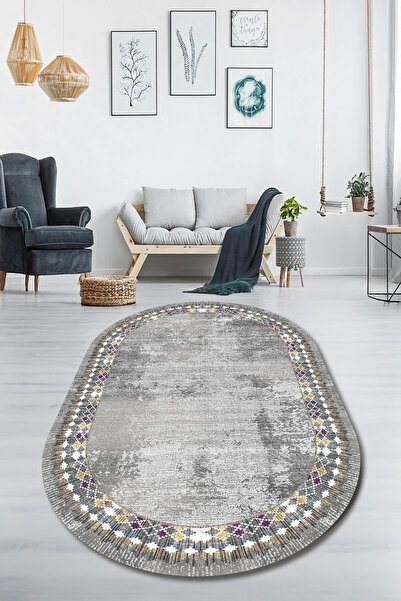 CAPPİO HALI Dijital Baskılı Makinada yıkanabilir Oval Salon Halısı Mutfak Hal...