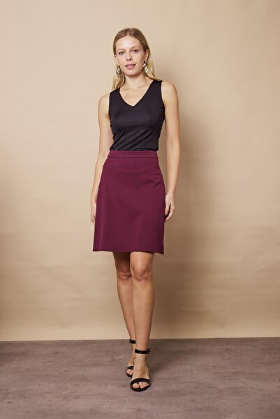 Jument Yüksek Bel Hafif Likralı Kumaş Diz Boy Çan Etek-Mürdüm