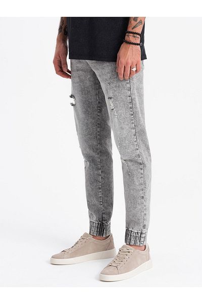 OMBRE Herren JOGGERS Jeanshose mit Abrieb - hellgrau V4 OM-PADJ-0150 M
