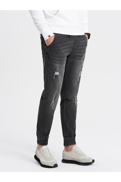 OMBRE Ανδρικό τζιν παντελόνι JOGGER με τρίψιμο - μαύρο V2 OM-PADJ-0150 XXL