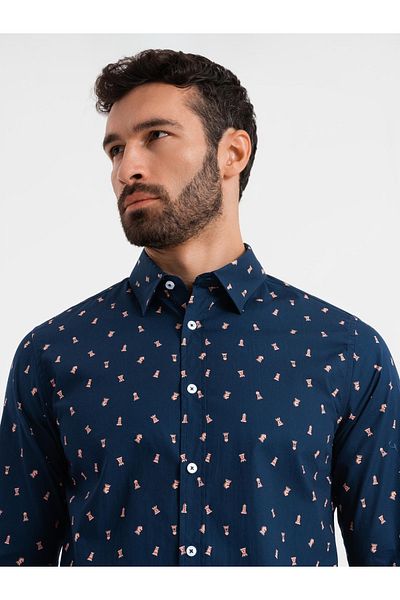 OMBRE Ανδρικό πουκάμισο με βαμβακερό σχέδιο SLIM FIT - μελάνι V3 OM-SHCS-0151 XL
