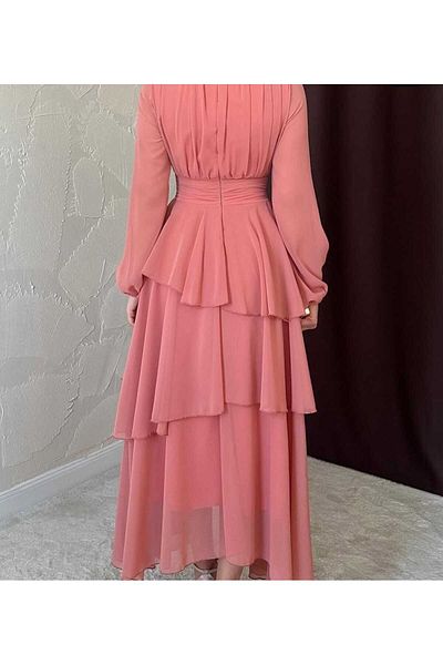 MODA DURAĞI Lilac Chiffon Floor Skirt Tulle Sleeves Pleated Dress