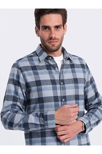OMBRE Cămașă de flanel în carouri pentru bărbați - albastru-gri V1 OM-SHCS-0150 L