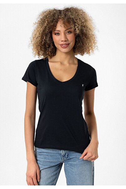 Williot Tricou din bumbac cu mânecă scurtă, cu decolteu în V, brodat alb, slim fit