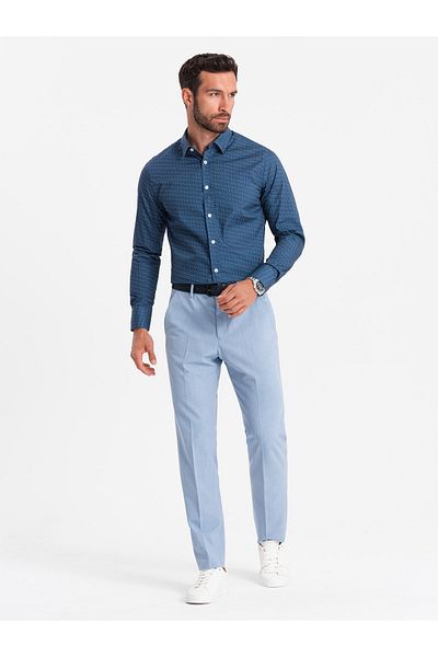 OMBRE Ανδρικό πουκάμισο με βαμβακερό σχέδιο SLIM FIT - μπλε V4 OM-SHCS-0151 L